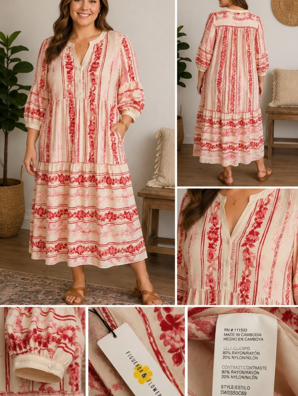 Figueroa & Flower NWT Floral Stripe Midi Dress XL Boho Cottagecore